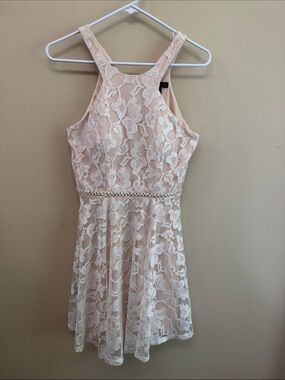 Blush Lace A-Line Formal Dress with Beaded Waist